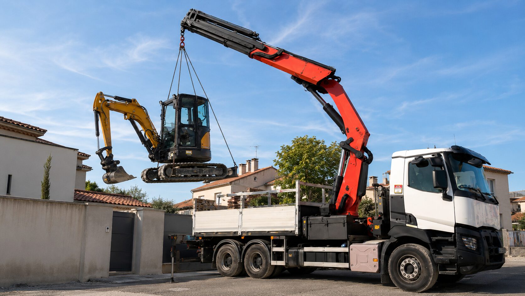 Camion TWIN Transport Levage transportant une mini-pelle de chantier